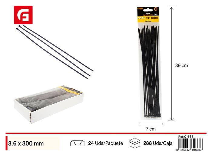 Bridas para cables, 3,6 × 300 mm, 20 piezas, color negro