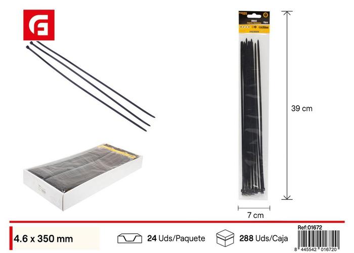 Bridas para cables, 4,6 × 350 mm, 16 piezas, color negro