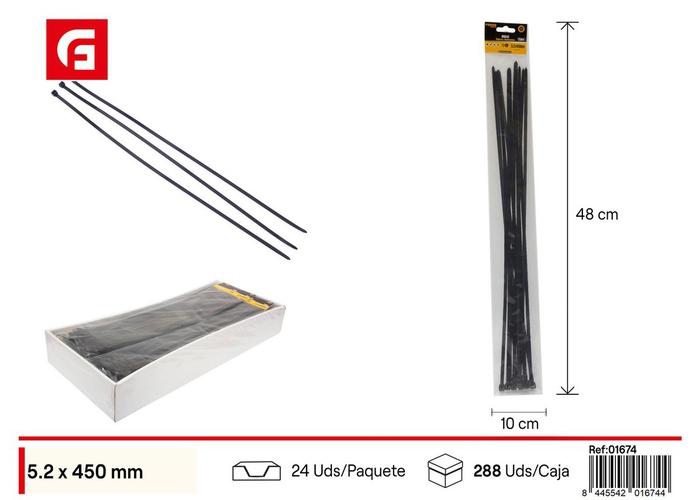 Bridas para cables, 5,2 × 450 mm, 12 piezas, color negro