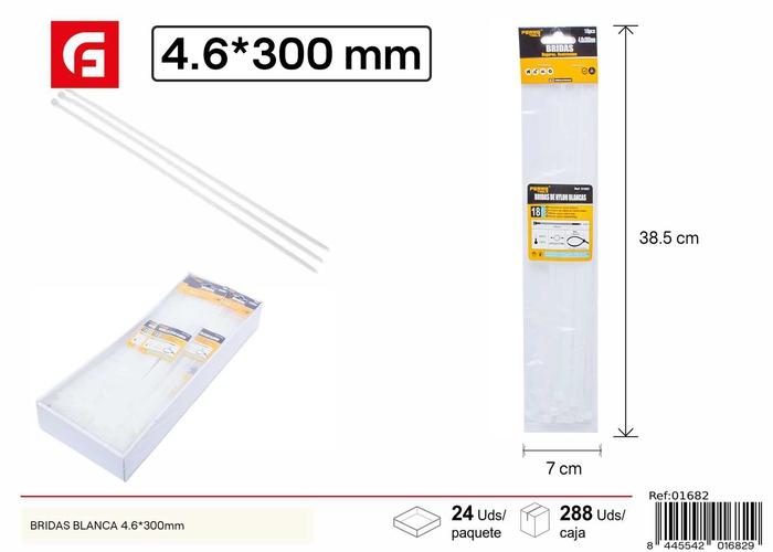 Bridas para cables, 4,6 × 300 mm, 18 piezas, color blanco