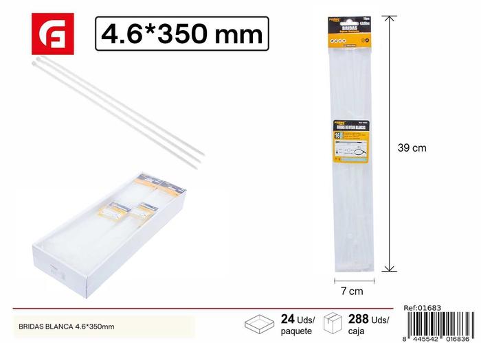 Bridas para cables, 4,6 × 350 mm, 16 piezas, color blanco