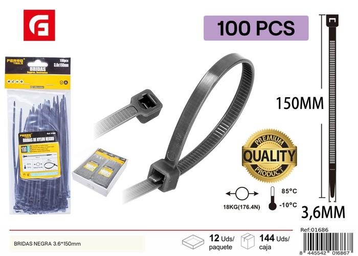 Bridas para cables, 3,6 × 150 mm, 100 piezas, color negro