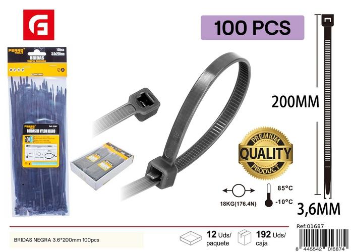 Bridas para cables, 3,6 × 200 mm, 100 piezas, color negro
