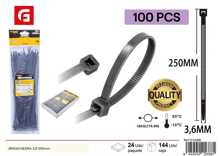 Bridas para cables, 3,6 × 250 mm, 100 piezas, color negro