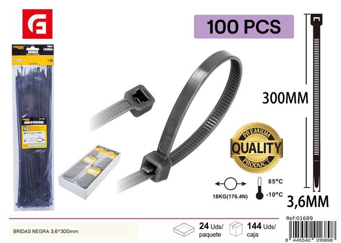 Bridas para cables, 3,6 × 300 mm, 100 piezas, color negro