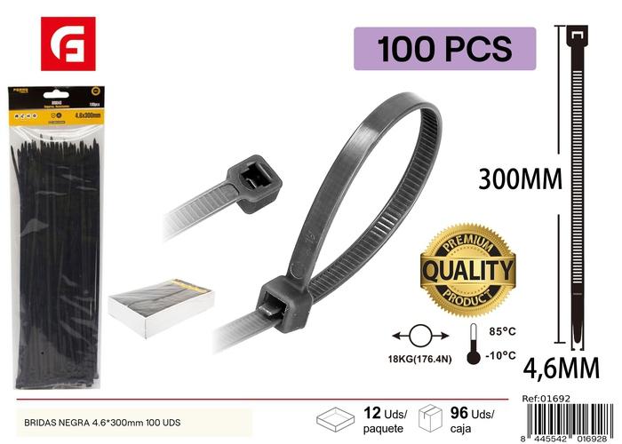 Bridas para cables, 4,6 × 300 mm, 100 piezas, color negro