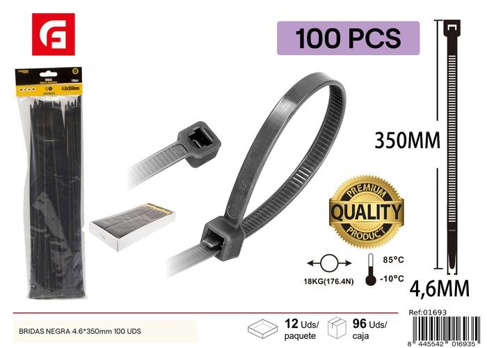 Bridas para cables, 4,6 × 350 mm, 100 piezas, color negro