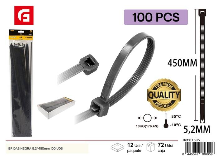 Bridas para cables, 5,2 × 450 mm, 100 piezas, color negro