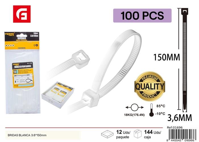 Bridas para cables, 3,6 × 150 mm, 100 piezas, color blanco