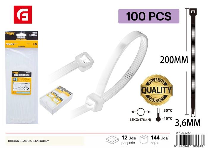 Bridas para cables, 3,6 × 200 mm, 100 piezas, color blanco