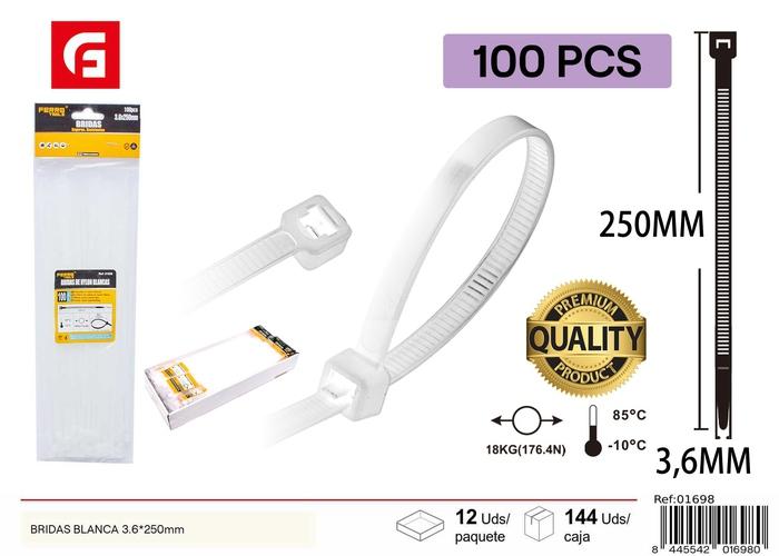 Bridas para cables, 3,6 × 250 mm, 100 piezas, color blanco