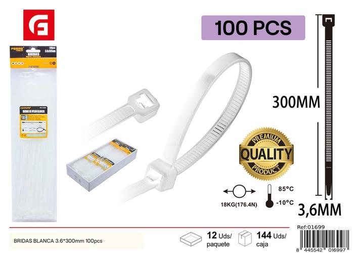 Bridas para cables, 3,6 × 300 mm, 100 piezas, color blanco