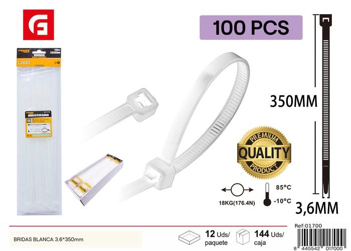 Bridas para cables, 3,6 × 350 mm, 100 piezas, color blanco
