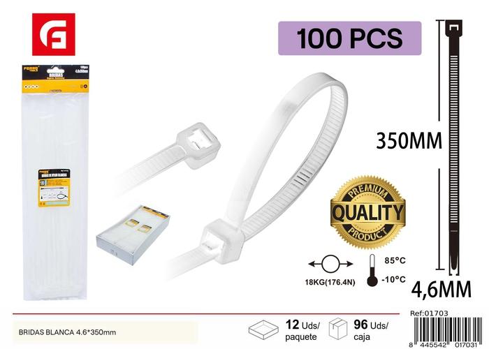 Bridas para cables, 4,6 × 350 mm, 100 piezas, color blanco