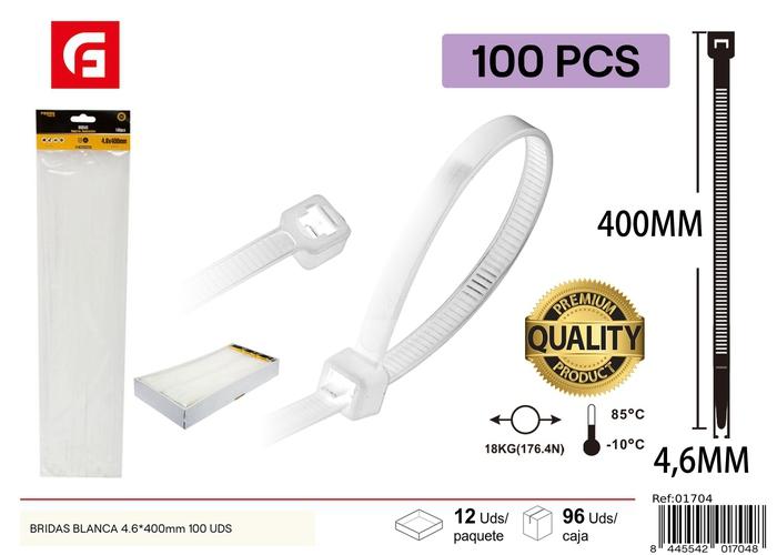 Bridas para cables, 4,6 × 400 mm, 100 piezas, color blanco