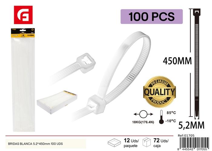 Bridas para cables, 5,2 × 450 mm, 100 piezas, color blanco