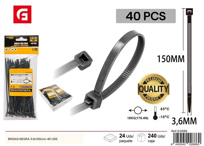 Bridas para cables, 3,6 × 150 mm, 40 piezas, color negro