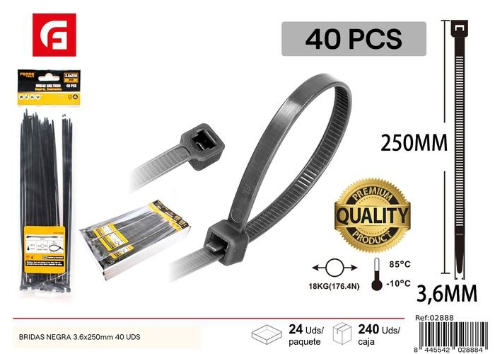 Bridas para cables, 3,6 × 250 mm, 40 piezas, color negro