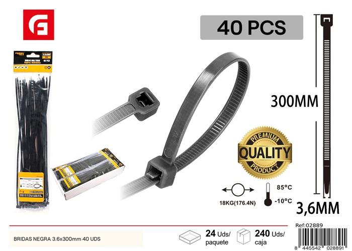 Bridas para cables, 3,6 × 300 mm, 40 piezas, color negro