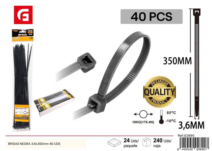 Bridas para cables, 3,6 × 350 mm, 40 piezas, color negro