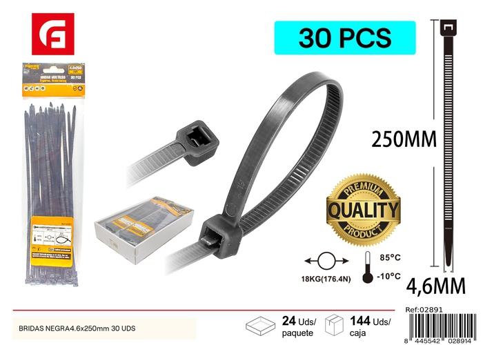 Bridas para cables, 4,6 × 250 mm, 30 piezas, color negro