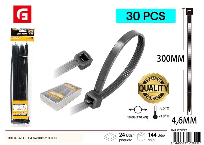 Bridas para cables, 4,6 × 300 mm, 30 piezas, color negro