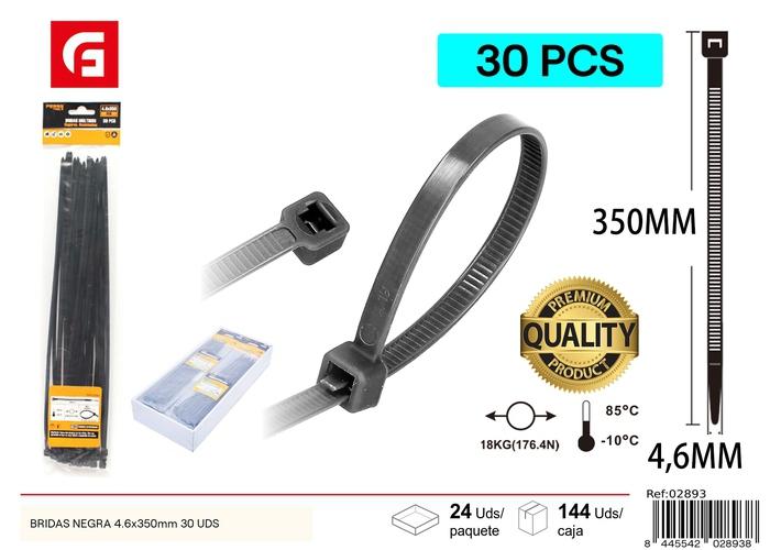 Bridas para cables, 4,6 × 350 mm, 30 piezas, color negro