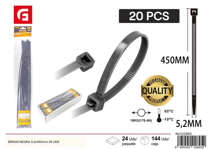 Bridas para cables, 5,2 × 450 mm, 20 piezas, color negro