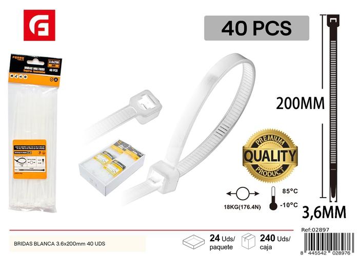 Bridas para cables, 3,6 × 200 mm, 40 piezas, color blanco