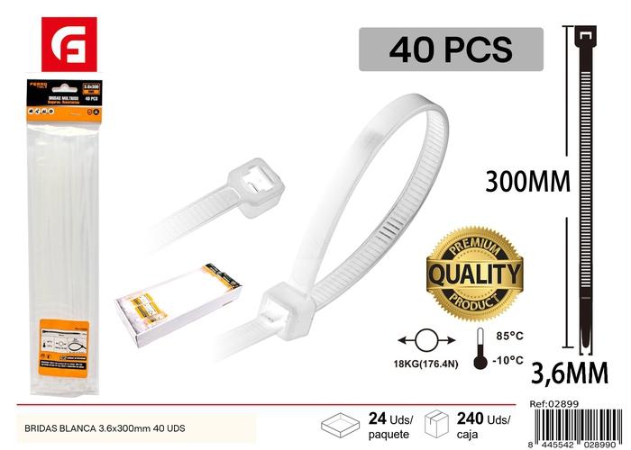 Bridas para cables, 3,6 × 300 mm, 40 piezas, color blanco