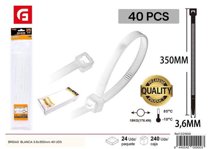 Bridas para cables, 3,6 × 350 mm, 40 piezas, color blanco
