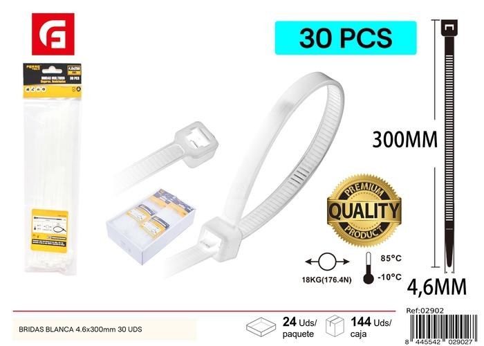 Bridas para cables, 4,6 × 300 mm, 30 piezas, color blanco