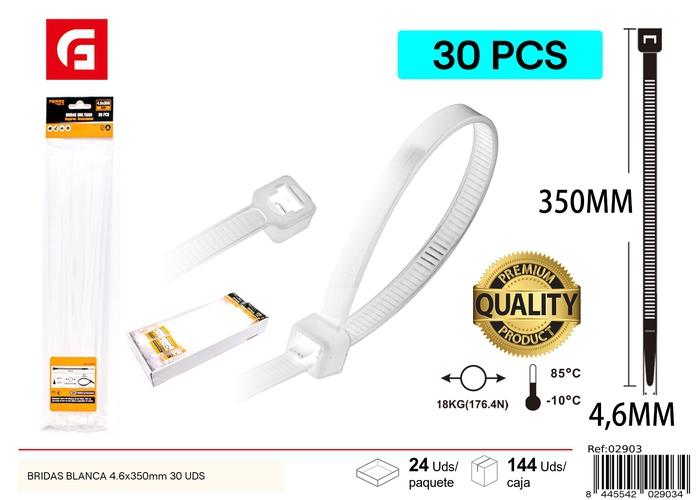 Bridas para cables, 4,6 × 350 mm, 30 piezas, color blanco