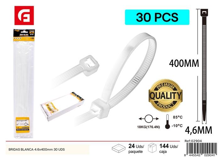 Bridas para cables, 4,6 × 400 mm, 30 piezas, color blanco