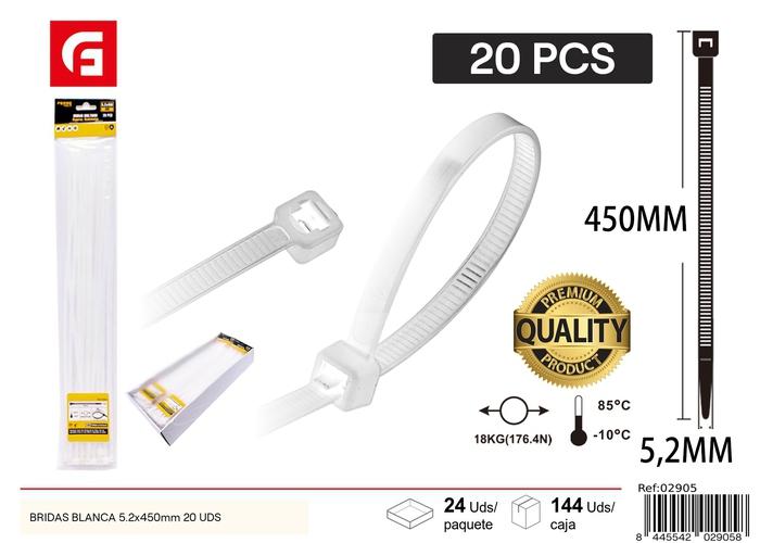 Bridas para cables, 5,2 × 450 mm, 20 piezas, color blanco