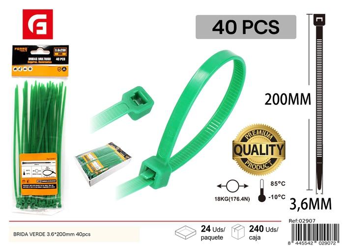 Bridas para cables, 3,6 × 200 mm, 40 piezas, color verde