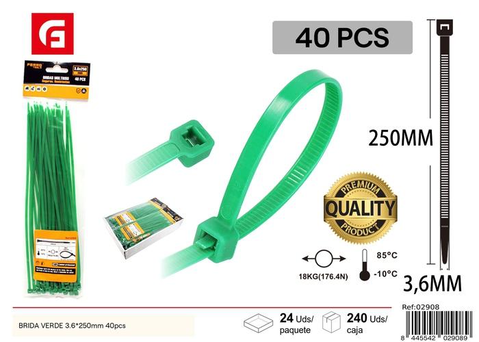 Bridas para cables, 3,6 × 250 mm, 40 piezas, color verde