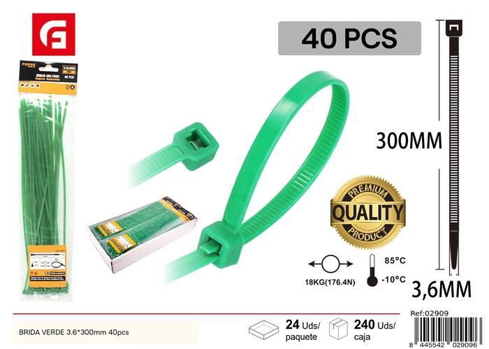 Bridas para cables, 3,6 × 300 mm, 40 piezas, color verde