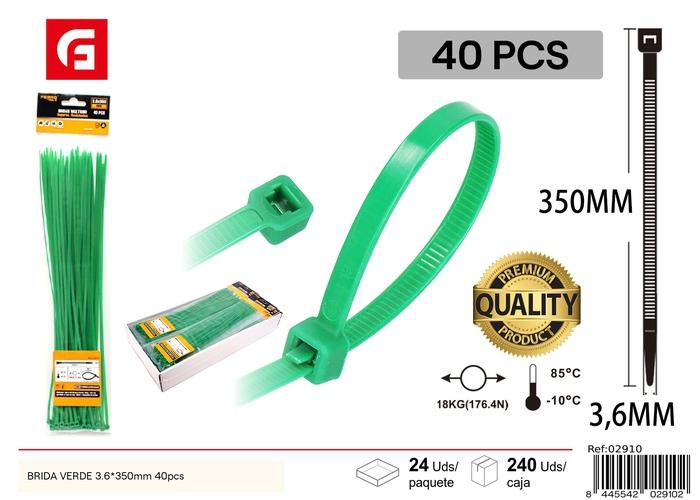 Bridas para cables, 3,6 × 350 mm, 40 piezas, color verde
