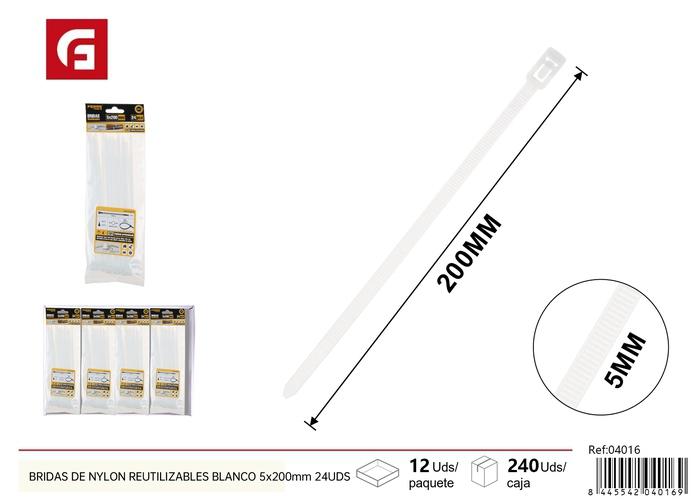 Bridas para cables, 5 × 200 mm, 24 piezas, color blanco