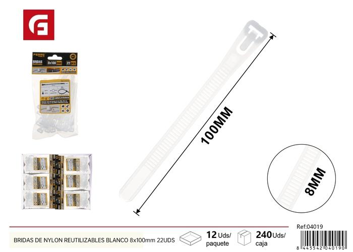 Bridas para cables, 8 × 100 mm, 22 piezas, color blanco