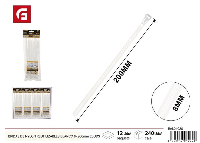 Bridas para cables, 8 × 200 mm, 20 piezas, color blanco
