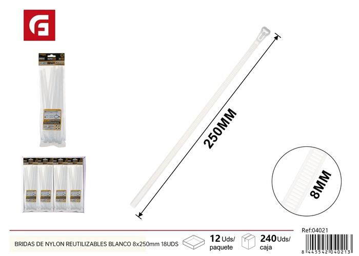 Bridas para cables, 8 × 250 mm, 18 piezas, color blanco
