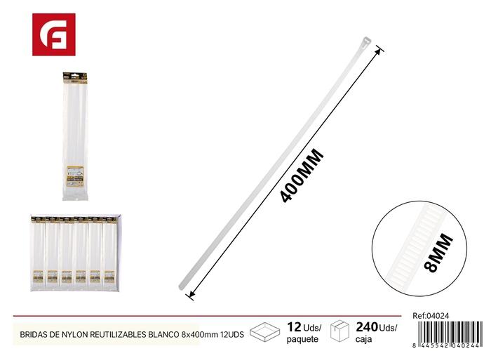 Bridas para cables, 8 × 400 mm, 12 piezas, color blanco