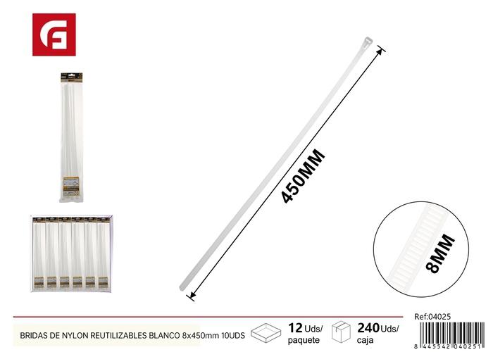 Bridas para cables, 8 × 450 mm, 10 piezas, color blanco