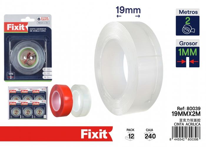 Cinta acrílica, 19 mm, 2 m, colores transparente y rojo