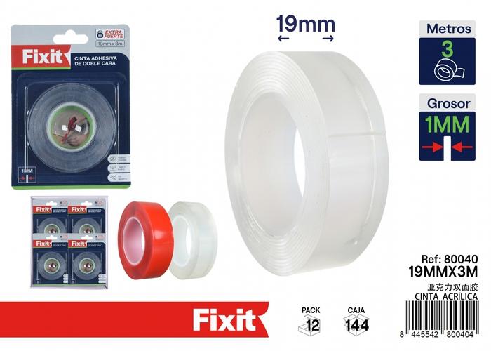 Cinta acrílica, 19 mm, 3 m, colores transparente y rojo