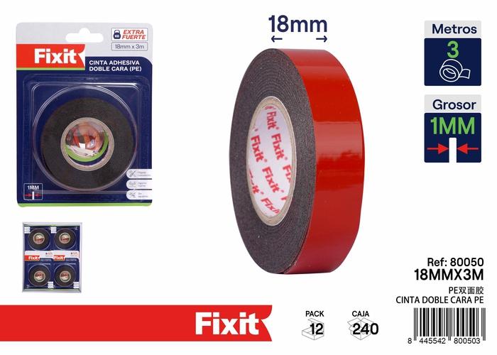 Cinta de doble cara, 1 mm, 18 mm, 3 m, colores rojo y blanco, ref. SJ80050