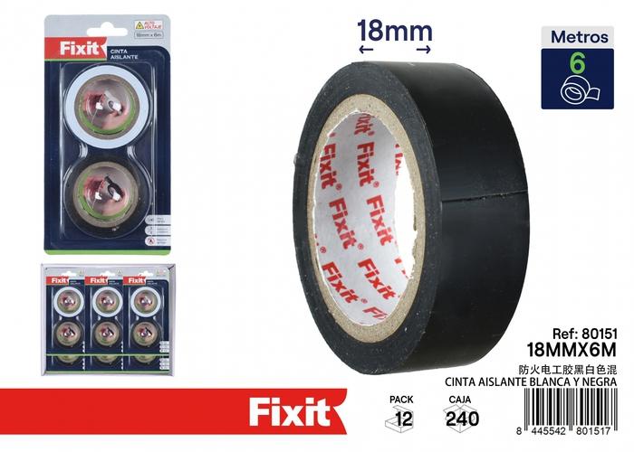 Cinta aislante, 18 mm, 6 m, 2 piezas, colores negro y blanco