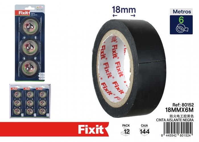 Cinta aislante, 18 mm, 6 m, 3 piezas, color negro